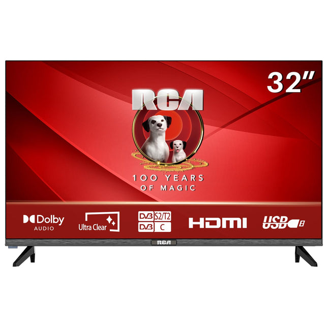 RCA E32 TV 32 inch 81cm HD Bezel-less design Dolby Audio Triple tuner (DVB-T2/S2/C) AV CI+ HDMI USB ports Hotel mode [Energy class F]