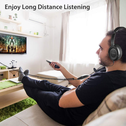 Avantree HF039 kõrvaklapid pika kaabliga (5 m), HiFi stereo peakomplekt teleri jaoks, kõrvaklappidega, 3,5 mm audioväljundiga, spiraalkaabli ja sisseehitatud helitugevuse regulaatoriga