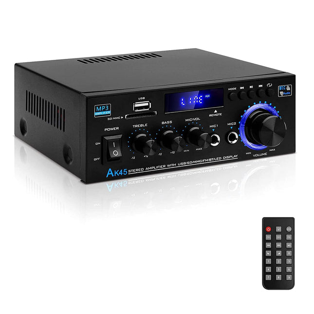 HiFi võimendi AK45 Mini Bluetooth stereo helivõimendi vastuvõtja 12V/220V 400W 2 kanaliga digitaalne võimsusvõimendi helivõimendi FM-raadio, SD/USB-kaardi sisendiga, koju või autosse