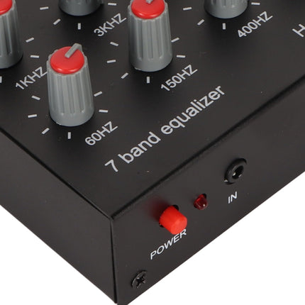 Reguleeritav 7-ribaline ekvalaiser, DC 5-12V 7-ribaline ekvalaiser autovõimendi 3,5 mm liidesega, sagedusvahemikud 60Hz/150Hz/400Hz/1KHz/3KHz/6,5KHz/15KHz (EL-pistik)