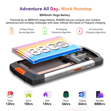 Blackview BV8200 õuemobiiltelefon, 36GB+256GB/2TB (2025), lepinguta nutitelefon, 6,5" FHD+, 8800mAh, IP69K veekindel, ehitusplatsi telefon, 50MP+32MP/kaks 4G/OTG/GPS/NFC must