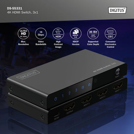 DIGITUS DS-55331 HDMI-lüliti 3x1 – 3 sisendit, 1 väljund – UHD 4K/60 Hz HDTV: 3840 x 2160p – HDCP 2.2 ja HDMI 2.0 – HDR, CEC, Deep Color, DTS, Dolby Digital, LPCM – teleri, monitori, PS5, PS4, Xboxi jaoks