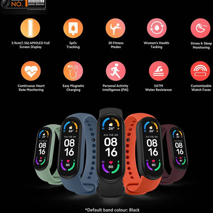 Xiaomi Mi Smart Band 6, fitness- ja aktiivsusmonitor (1,56 tolli AMOLED-ekraan, 30 treeningrežiimi, SpO2 jälgimine, une ja pulsisageduse jälgimine, 14-päevane aku tööiga, 5 ATM veekindlus, Mi Fit rakendus)