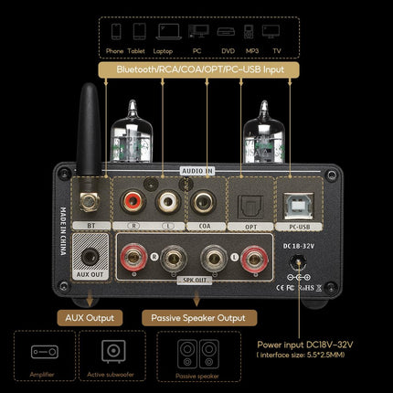 AIYIMA T9PRO JAN5725 Vacuum Tube Amplifier 100Wx2 TPA3250 Stereo USB DAC Amplifier QCC3031 Bluetooth 5.1 aptxHD Coax/Opt HiFi Home Audio Digital Amplifier with VU Meter (32V Power Supply)
