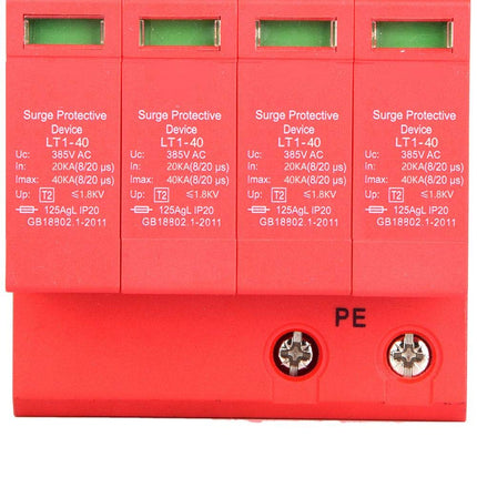 Tugevdatud 4P 40/80KA 385V majapidamispingekaitse, leegiaeglustav ümbris, 20A madalpingepiirik, DIN-rööpale kinnitatav elektrooniline piksekaitse (4P40KA)