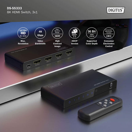 DIGITUS DS-55333 HDMI-lüliti 3x1 – 3 sisendit, 1 väljund – UHD 8K/60 Hz HDTV: 7680 × 4320p – HDCP 2.3 ja HDMI 2.1 – HDR, CEC, Deep Color, DTS, Dolby Digital, LPCM – teleri, monitori, PS5, PS4, Xboxi jaoks