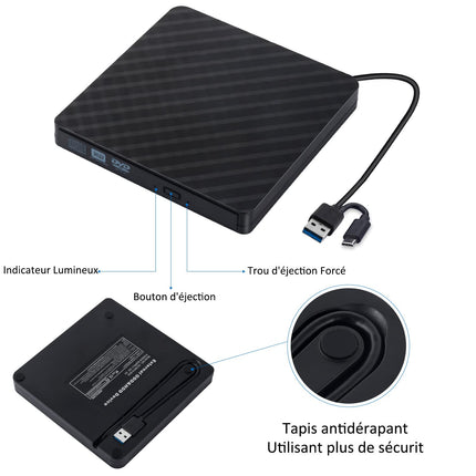Väline DVD-kirjutaja, väline CD/DVD-draiv USB 3.0/C-tüüpi optiline draiv, õhuke CD/DVD-ROM-kirjutaja, kaasaskantav arvuti, sülearvuti, lauaarvuti, MacBook, Mac, Windows 7/8.1/10, Linux OS