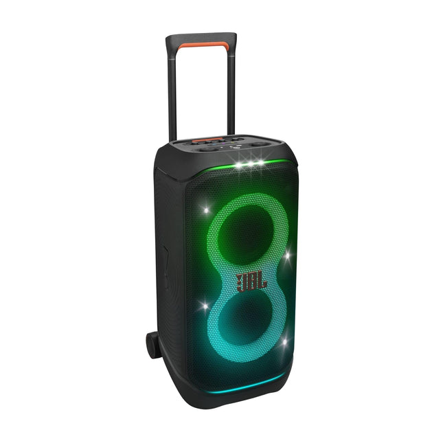 JBL Partybox Stage 320 must – kaasaskantav Bluetooth-kõlar JBL Pro Soundi, valgusshow', tehisintellektiga helivõimendi, rataste ja teleskoopkäepidemega – 18-tunnine aku tööiga