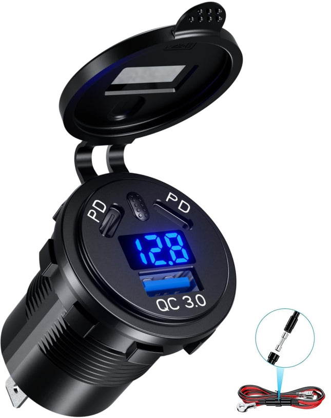 Kewig 12V USB C pistikupesaga autolaadija kahekordse 45W PD tüüpi C ja 18W QC3.0 USB digitaalse voltmeetri ja lülitiga mobiiltelefoni kiire laadimine veekindel auto, paat, mootorratas