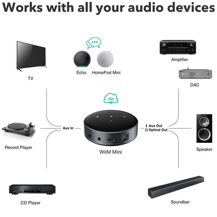 WiiM Mini AirPlay 2 Receiver, Multiroom Music Streamer, DAC &amp; Preamplifier, Compatible with Alexa and Siri Voice Assistants, Streams Spotify, Amazon Music, Tidal and more