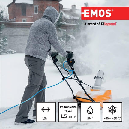EMOS aastaringne pikenduskaabel Schuko, sinine 10m kaabel 1,5 mm² kaitsekorgiga, IP44 veekindel ja külmakindel välistingimustes kasutamiseks, tööstuses, ehitusplatsidel