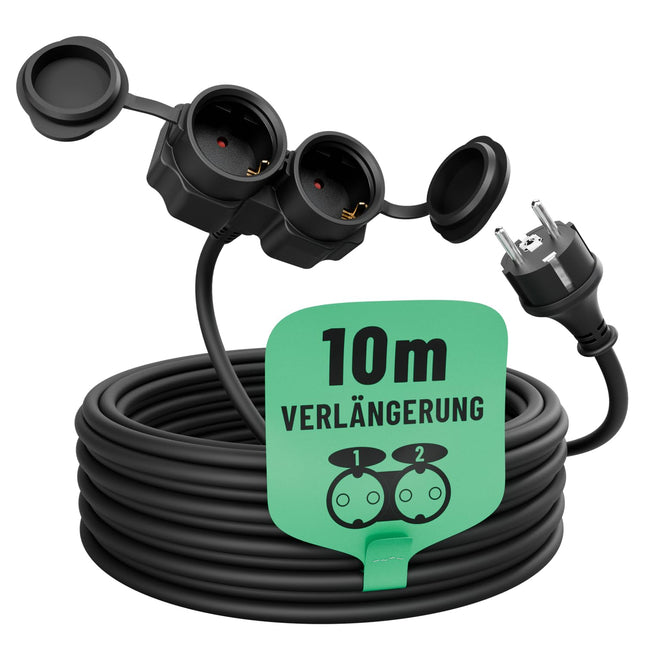 greate 2-way extension cable 10 meters outside - extension cable outside waterproof IP44-2-way multiple socket extension for outdoor use 10m 3500 W, outdoor extension cord waterproof