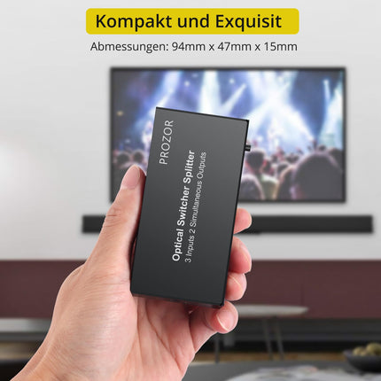 PROZOR digitaalne optiline audio lüliti jaotur, optiline lüliti jaotur, 3 sisendit, 2 väljundit, 1 m fiiberoptilise kaabliga, kaugjuhtimispult LPCM 2.0/DTS/Dolby-AC3