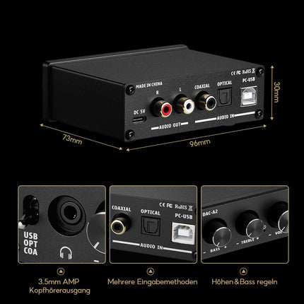 AIYIMA DAC A2 kõrvaklapivõimendi DAC-muundur Mini stereo digitaal-analoog DAC PS5/PC/MAC arvuti lauamängu DAC-võimendi PC-USB/koaksiaal/optiline kuni 3,5 mm AUX RCA kõrvaklapiväljund 24 bitti 192 kHz