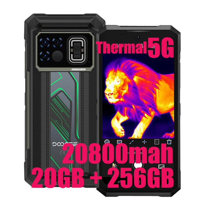 DOOGEE Fire 6 Max 5G Thermal Imaging Smartphone Unlocked, 6.72" FHD+ Octa Core 20GB + 256GB, 20800mAh/33W, Rugged 50MP + 20MP Infrared + 16MP, NFC/Fingerprint/Simlock-Free Phones (Green)