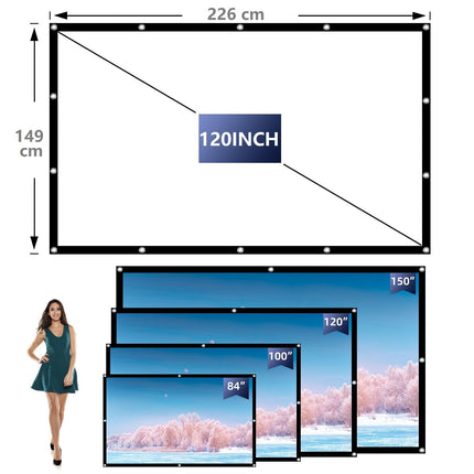 VERCORKINi projektori ekraan 120 tolli, 16:9/kortsuvaba/160°/pestav/kokkupandav, sise-/välistingimustes kasutamiseks, komplektis naelakonks ja käekott (120 tolli kahepoolne valge)