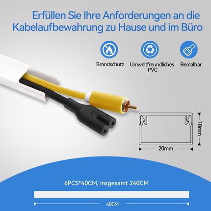Valge isekleepuv kaablikanal 2,4 m (6 tk x P 400 mm * L 20 mm * K 10 mm), PVC kaablinahk, kaablikanali sein, värvitav ja lõigatav kaabliriba, kaablikanalid juhtmest kodukontorisse
