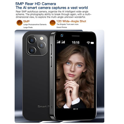 Hipipooo minimobiiltelefon, lukustamata 4G kahe SIM-kaardiga nutitelefon, 3-tolline HD-ekraan, Android 10.0, 4 GB RAM + 32 GB ROM, 5 MP + 13 MP kaamera, 2000 mAh aku, Google Play tugi, GPS (must)