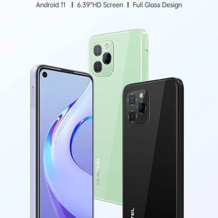 OUKITEL C21 PRO Smartphone without a contract, full glass design, 4GB + 64GB, 256GB external SD, 21MP triple rear camera, Android 11 Dual SIM mobile phone, 6.39'' HD+ display, fingerprint face ID, GPS, WiFi, black
