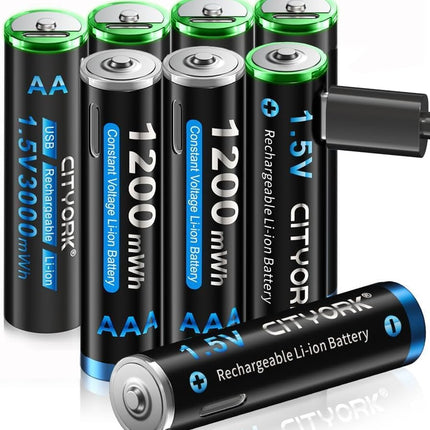 CITYORK USB-C AA AAA Rechargeable Batteries Lithium Rechargeable, 4 pieces 1.5V AA batteries 3000mWh and 4 pieces AAA batteries 1200mWh with 4-in-1 USB charging cable