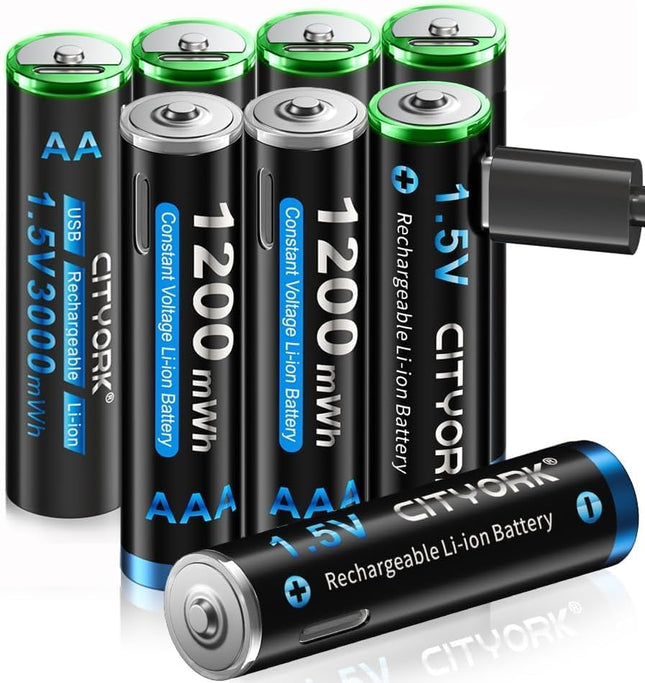 CITYORK USB-C AA AAA Rechargeable Batteries Lithium Rechargeable, 4 pieces 1.5V AA batteries 3000mWh and 4 pieces AAA batteries 1200mWh with 4-in-1 USB charging cable