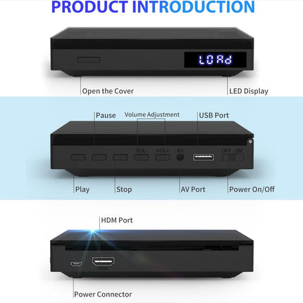 Õhuke DVD-mängija, kompaktne DVD-mängija telerile, 1080P HDMI DVD-mängija kõikidele piirkondadele tasuta, taasesitusmälu, HDMI/AV-väljund, USB 2.0, toetab PAL/NTSC-d