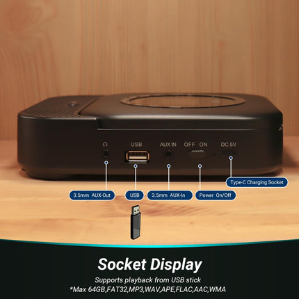 August SE15 kaasaskantav Bluetooth 5.3 CD-mängija kõlariga, 3,5 mm audio sisend/väljund, laetav CD-mängija USB/ekvalaiseri/vahelejätmise kaitse/kordusrežiimi/seinale kinnitatava/kõrvaklappide ja kaugjuhtimispuldiga