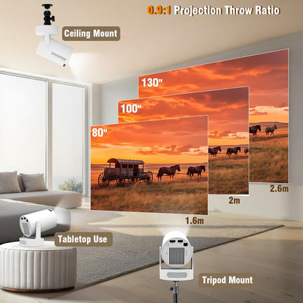 Alwtniet miniprojektor, miniprojektor 4K toega, Wi-Fi 6 ja Bluetooth 5.4, 5W kõlar, automaatne trapetsikorrektuur, 180° pööratav, kaasaskantav projektor koju ja õue Android 11