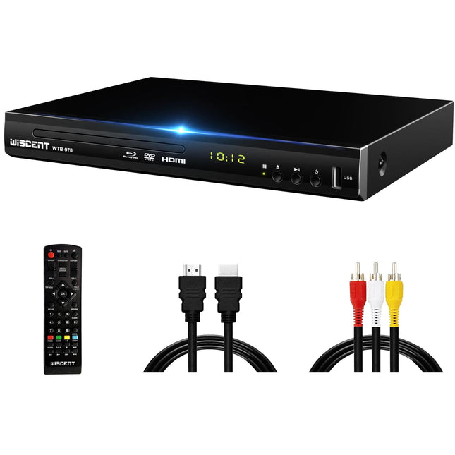 Blu-ray-mängija telerile, WISCENT DVD-mängija koaksiaal-/HDMI-/AV-/väljundiga, USB-sisendiga, kõik DVD-d ja B/2-regiooniga Blu-ray-plaadid, kompaktne Full HD 1080p Blu-ray-mängija