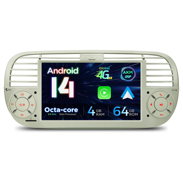 XTRONS 7-tolline IPS Android 14 autoraadio Octa Core 4+64GB multimeediamängija sisseehitatud 4G LTE automäng Android Auto AKM DSP GPS Bluetooth 5.0 WiFi valikuline DAB OBD TPMS DVR FIAT 500 kreemile