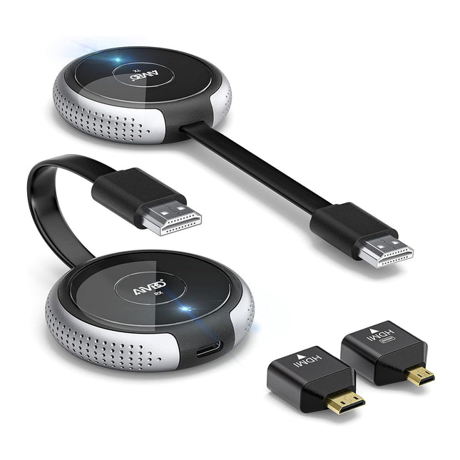 AIMIBO juhtmevaba HDMI saatja ja vastuvõtja 4K, 5G juhtmevaba HDMI komplekt, 100FT/30M ekraaniülekanne monitorile/projektorile/HDTV-le. Sobib Netflixi/TikToki/YouTube'i/Blu-ray voogedastuse jaoks, hõbedane
