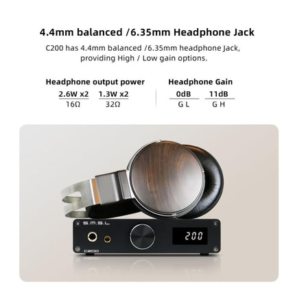 SMSL C200 USB DAC kõrvaklapivõimendi XMOS ES9038Q2M 4xOPA1612 USB/optiline/koaksiaalkaabel/Bluetooth sisendiga helidekooder TRS/RCA/4,4 mm tasakaalustatud/6,35 mm kõrvaklapipesa DSD512 32 bitti/768 kHz kõrvaklapivõimendi