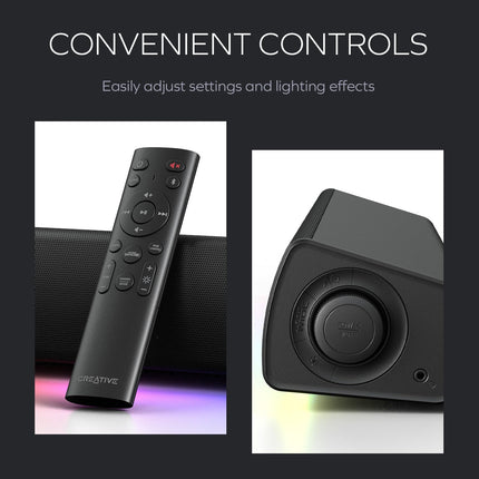 CREATIVE Sound Blaster GS5 RGB mängurikõlar SuperWide tehnoloogiaga, adapteri toega, tippvõimsus kuni 60 W, Bluetooth 5.4, optiline sisend, kõrvaklapiväljund, arvuti ja teleri jaoks