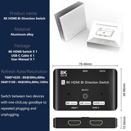 HDMI Splitter 8K@60Hz 4K@120Hz, HDMI 2.1 Switch, Aluminum Bidirectional HDMI Switcher 2 In 1 Out or 1 In 2 Out HDMI Distributor, HDMI Switch Supports 8K 4K for PS5 HDTV Xbox