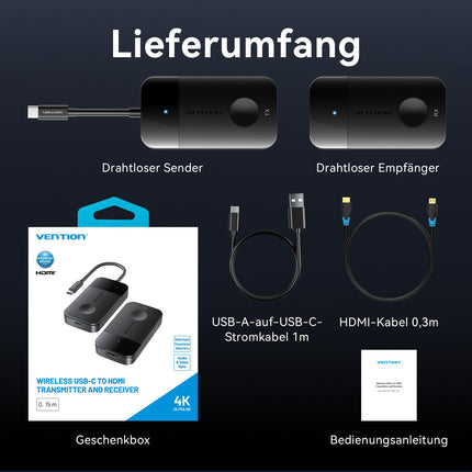 VENTION juhtmevaba HDMI-saatja 4K, 5G juhtmevaba edastus, 165 jala ulatus, 60 W kiirlaadimine, USB C - HDMI sülearvuti, arvuti, teleri, projektori, monitori ja tahvelarvuti jaoks
