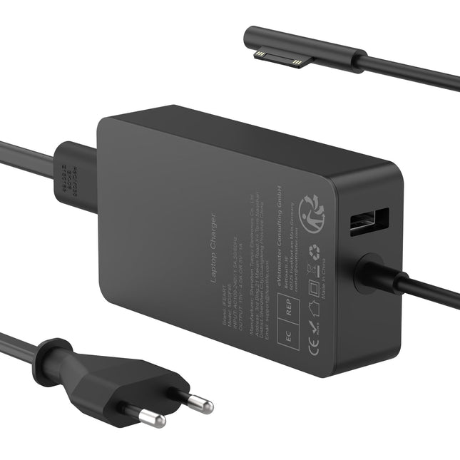 Surface'i laadimiskaabel 65W 15V 4A Microsofti laadija toiteplokk Surface Pro 11/10/9/8/7/Pro 7+/Pro 6/Pro 5/Pro 4/Pro 3/X, Surface Laptop 7/6/5/4/3/2, Surface Go 4/3/2, Surface Book 3/2/1 jaoks, USB-pordiga