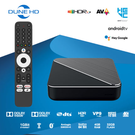 Dune HD Homatics Box R 4K Plus Android TV, meediapleier, Chromecast, Netflix 4K-s Dolby Vision, Dolby Atmos, 4 GB 32 GB, AV1, Wi-Fi 6, 1 Gbit, ISO 4K DV P7 FEL MKV AFR, HDR10+, DTS