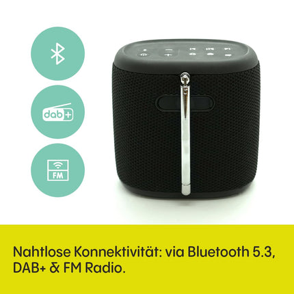 Pure Woodland Mini Outdoor Speaker with Bluetooth &amp; DAB+/FM Radio (waterproof IP67, robust, portable, 14h battery, perfect for garden &amp; camping) Black