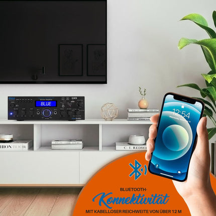 Pyle võimendi, HiFi stereovõimendi, Bluetooth-võimendi, võimendi, mini-stereoressiiver, 200 W mitmekanaliline HDMI-ühendusega, optiline/phono/koaksiaalühendus, FM-raadio, USB/SD/AUX/RCA, mikrofonisisend kaugjuhtimispuldiga