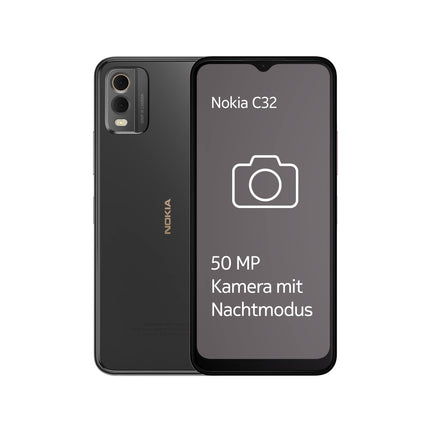 Nokia C32 6,5-tolline nutitelefon 3-päevase akueaga, 50/8MP kaameraga, IP52 sertifikaadiga, 3/64 GB salvestusruumiga, külgmise sõrmejäljelugeja ja näotuvastusega, Android 13 koos autoadapteriga - süsihall