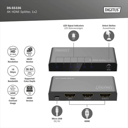 DIGITUS HDMI jagaja 1x2 4K/60Hz HDCP 2.3 EDID juhtimine
