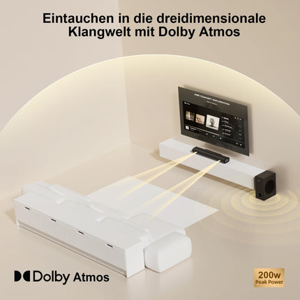 Hiwill Dolby Atmosega teleritele mõeldud heliriba, 200 W tippvõimsusega teleri heliriba juhtmega subwooferiga, Bluetooth 5.3 kõlar telerile, reguleeritavad kõrged ja bassid, HDMI eARC/Opt/AUX