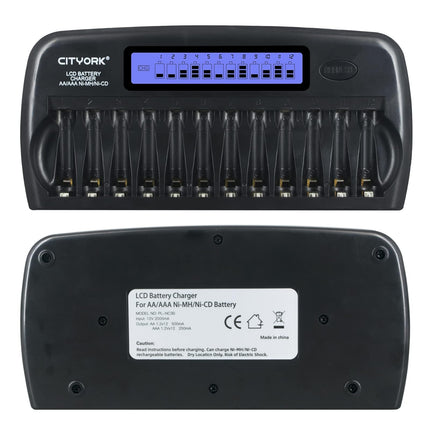 CITYORK 12 pesaga LCD-nutilaadija sisseehitatud IC-kaitsega, AA/AAA NI-MH/NI akudele - vahelduvvooluadapteriga [12V 2A kiirlaadimisfunktsioon], AA akukomplektidega