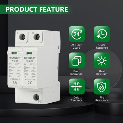 Wengart surge protection device WG-7T, T1+T2 level protection, 2P limp7kA 20-40kA AC275V, household surge protection, DIN rail mounting