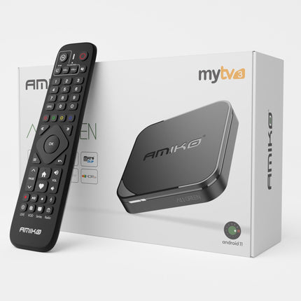 AMIKO A11 roheline 4K UHD Android 11 teleriboks, kahesageduslik WiFi WLAN, HDR10+, HLG, 2 GB muutmälu ja 16 GB välkmälu, teleri vastuvõtja, Bluetooth 4.0, My TV3, SD-kaardi pesa, USB 2.0 ja 3.0, HEVC, infrapunaliides