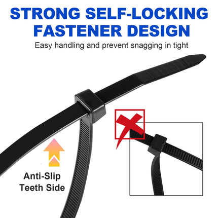 RAZCC Cable Ties, Black, 8-inch Heavy-Duty Plastic Wire Ties with 50 lb Tensile Strength, Self-Locking Black Nylon Ties for Indoor and Outdoor Use, 1200 Pack