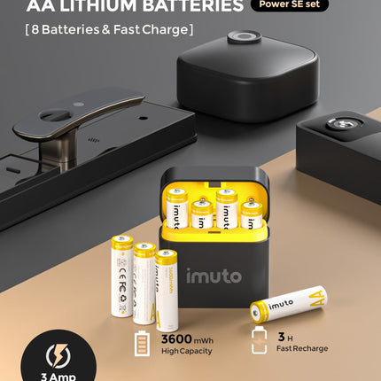 imuto rechargeable lithium AA battery 8 pieces with charger, 3600 mWh high capacity 3 amps 100% peak performance AA batteries, simulate alkaline with non-constant voltage AA Li-ion