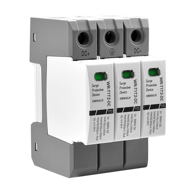Hescheni alalisvoolu ülepingekaitse PV-le, WR-T1T2-DC, 3P 1000 VDC, In 20 kA, Iimp 7 kA, T1+T2 tüüp, tulekindel, 35 mm DIN-rööpale kinnitatav, CE-märgistusega