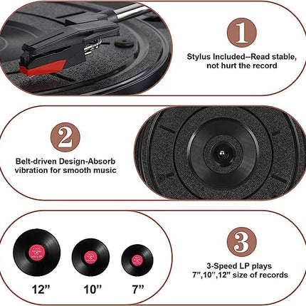Bluetooth vinyl record player with built-in speakers, supports USB RCA output, Aux-in headphones, auto-stop, 3-speed belt drive, portable phonograph for entertainment and decoration