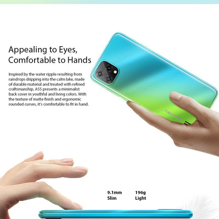 Blackview A55 4G nutitelefon ilma lepinguta, soodne, 6,53-tolline HD+ ekraan, MT6761V 2,0 GHz 3 GB + 16 GB, 5 MP + 8 MP kaamera, 4780 mAh aku, Android 11 DUAL SIM mobiiltelefon GPS näotuvastus sinine